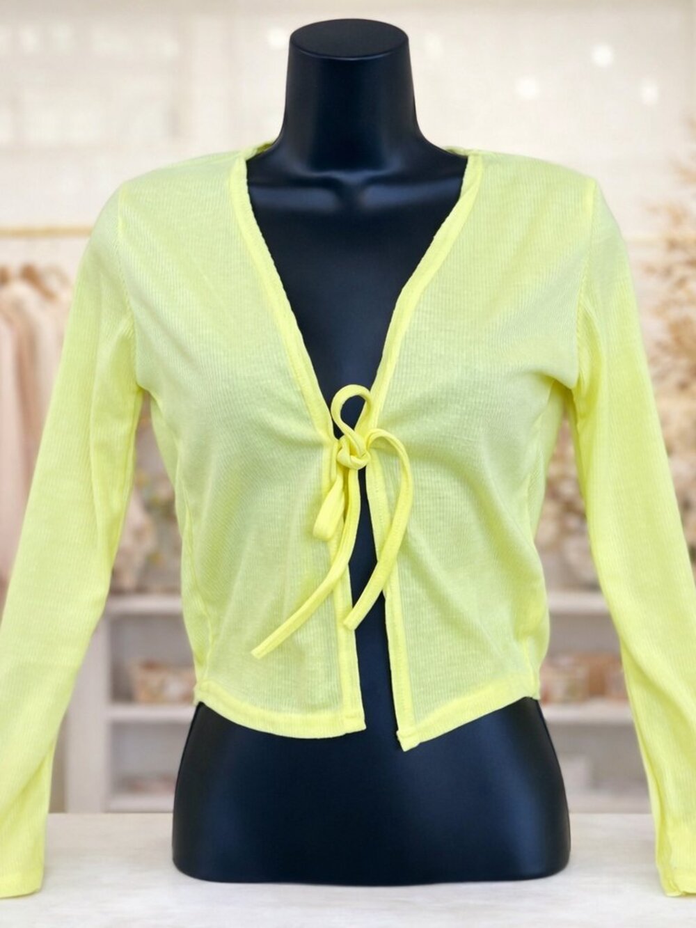 PLT Yellow Ribbed Tie‑Front Long Sleeve Crop Top Boho Barbiecore Cottagecore